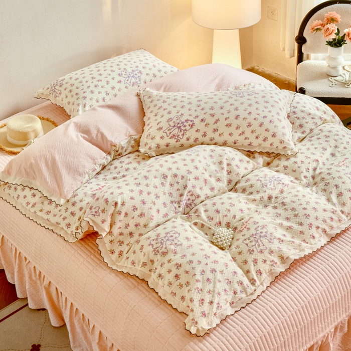 91家纺网 家纺一手货源 找家纺 梦可莱家居 2026新款云朵泡芙棉床盖四件套 蝴蝶结