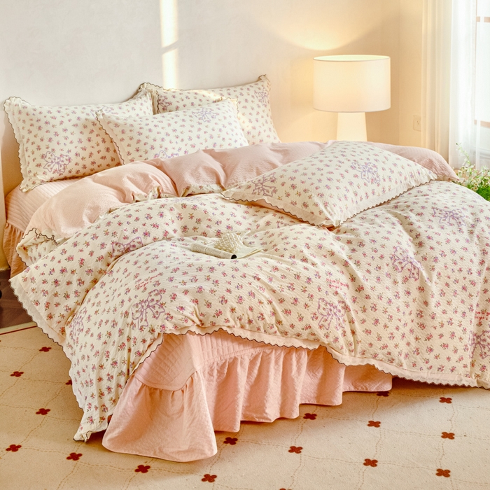 91家纺网 家纺一手货源 找家纺 梦可莱家居 2026新款云朵泡芙棉床盖四件套 蝴蝶结