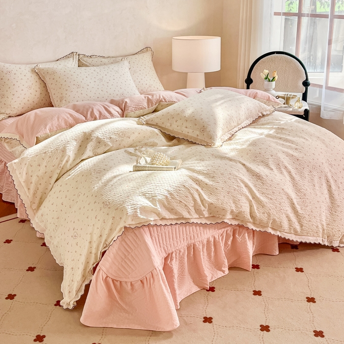 91家纺网 家纺一手货源 找家纺 梦可莱家居 2026新款云朵泡芙棉床盖四件套 爱情花