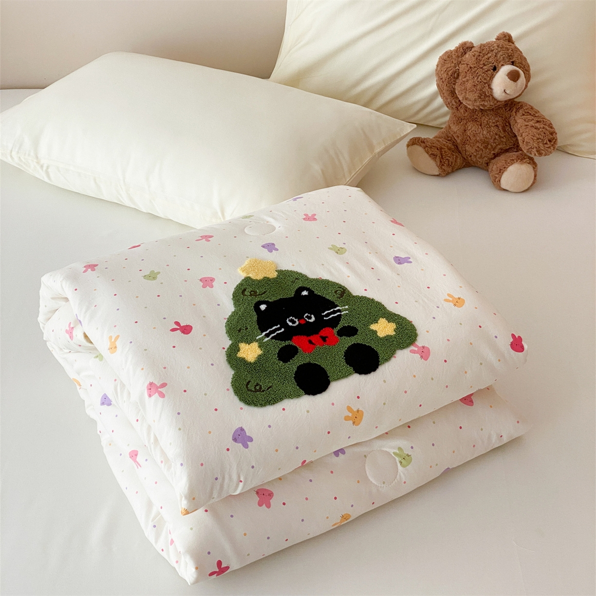 鸣升家纺 2026新款云朵棉毛巾绣夏被夏凉被空调被 圣诞猫咪