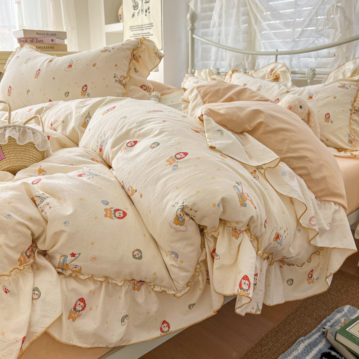 91家纺网 家纺一手货源 找家纺 梵克保罗 2026新款春款古法水洗仿棉云朵棉花边四件套 星星人