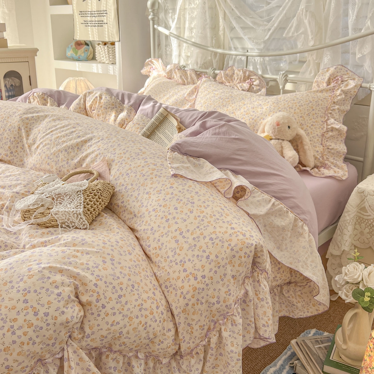 91家纺网 家纺一手货源 找家纺 梵克保罗 2026新款春款古法水洗仿棉云朵棉花边四件套 小碎花