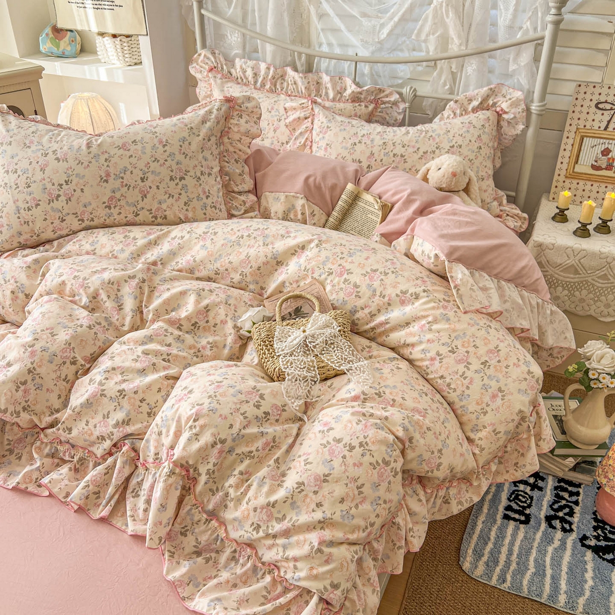 91家纺网 家纺一手货源 找家纺 梵克保罗 2026新款春款古法水洗仿棉云朵棉花边四件套 桃枝