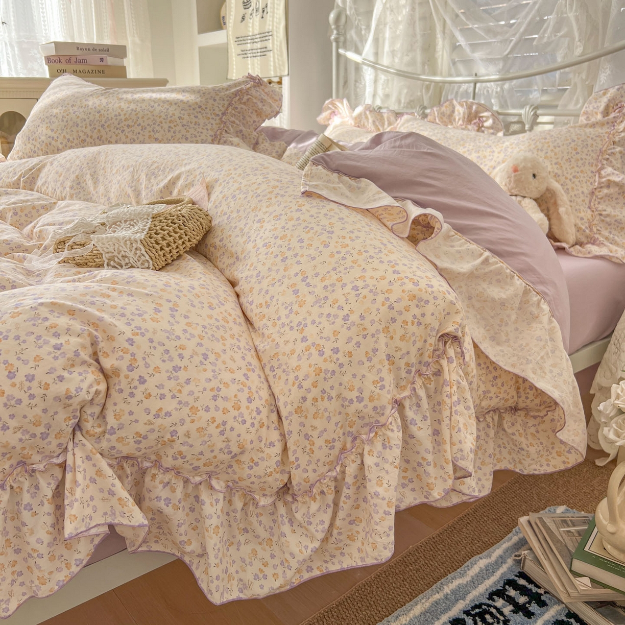 91家纺网 家纺一手货源 找家纺 梵克保罗 2026新款春款古法水洗仿棉云朵棉花边四件套 小碎花