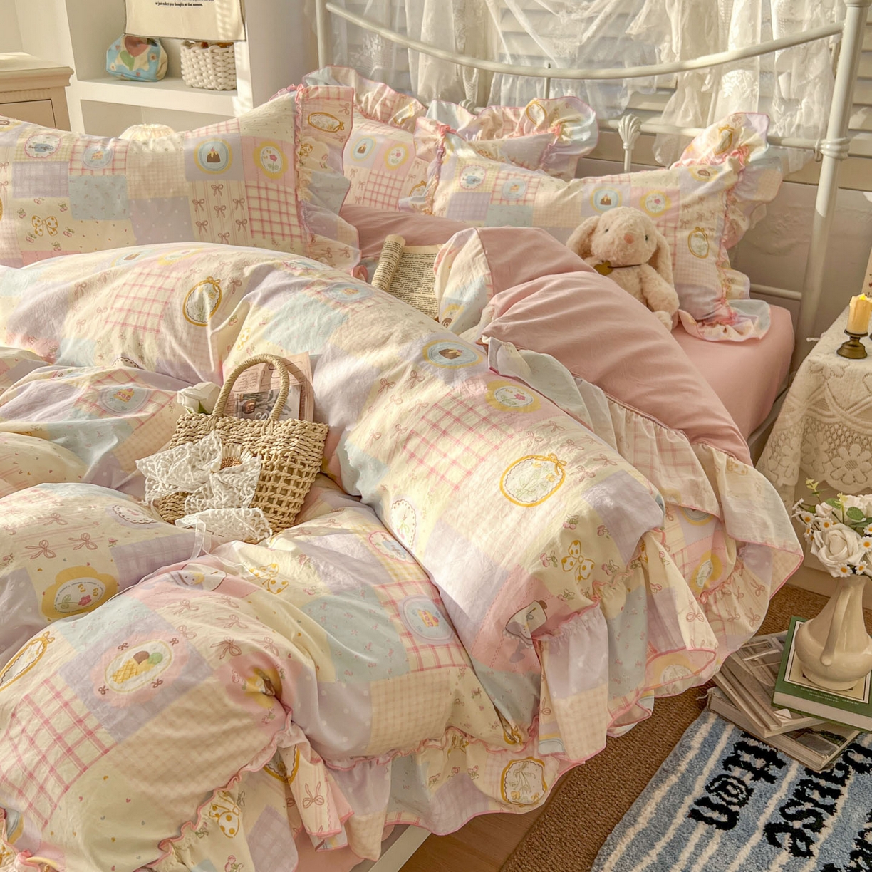 91家纺网 家纺一手货源 找家纺 梵克保罗 2026新款春款古法水洗仿棉云朵棉花边四件套 甜梦集