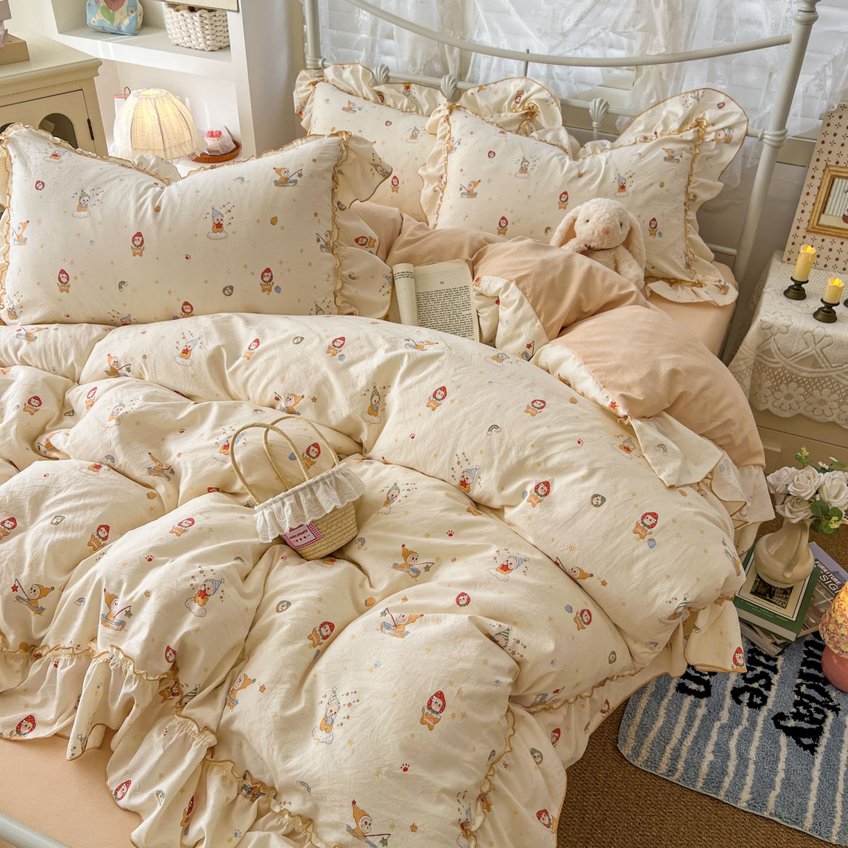 91家纺网 家纺一手货源 找家纺 梵克保罗 2026新款春款古法水洗仿棉云朵棉花边四件套 星星人