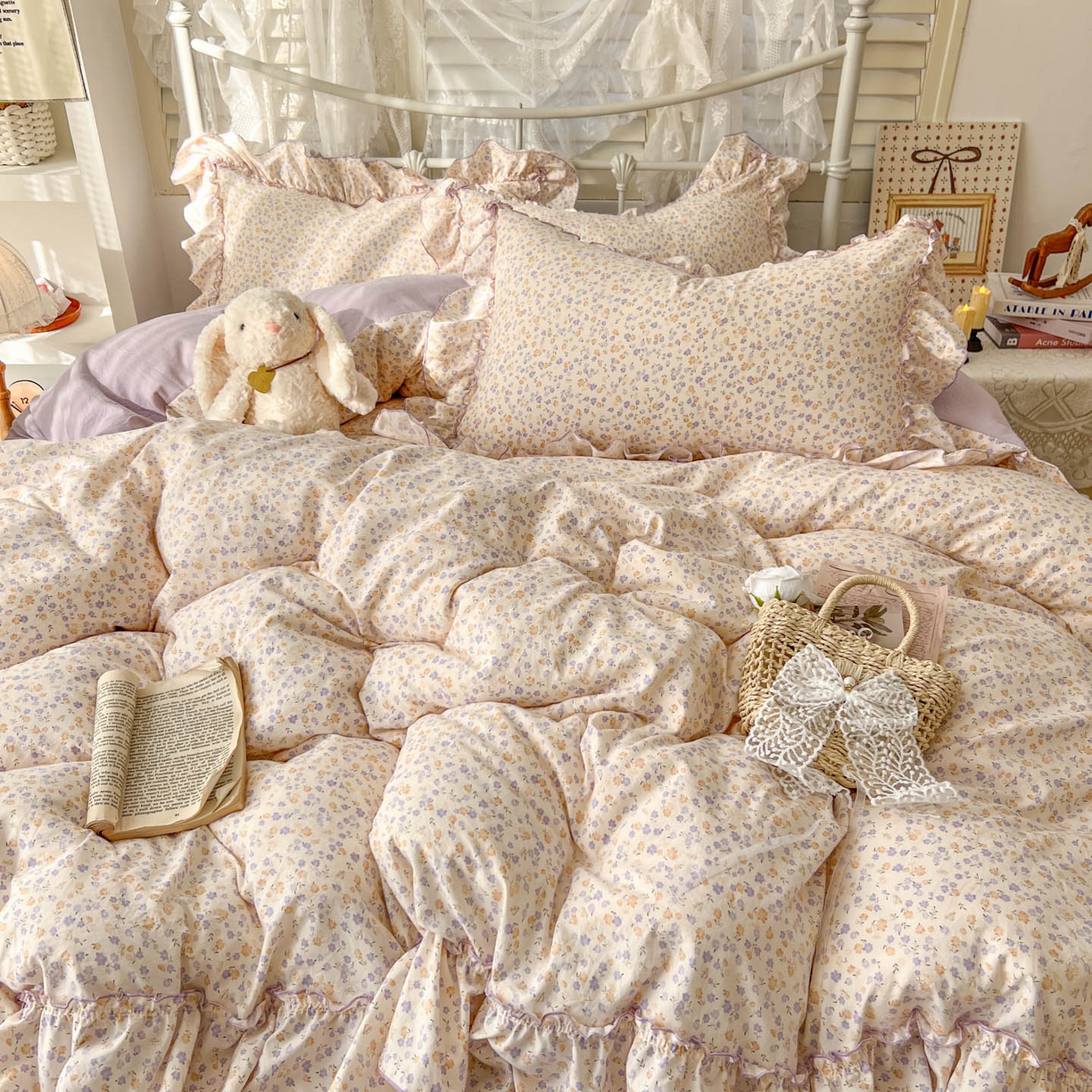 91家纺网 家纺一手货源 找家纺 梵克保罗 2026新款春款古法水洗仿棉云朵棉花边四件套 小碎花