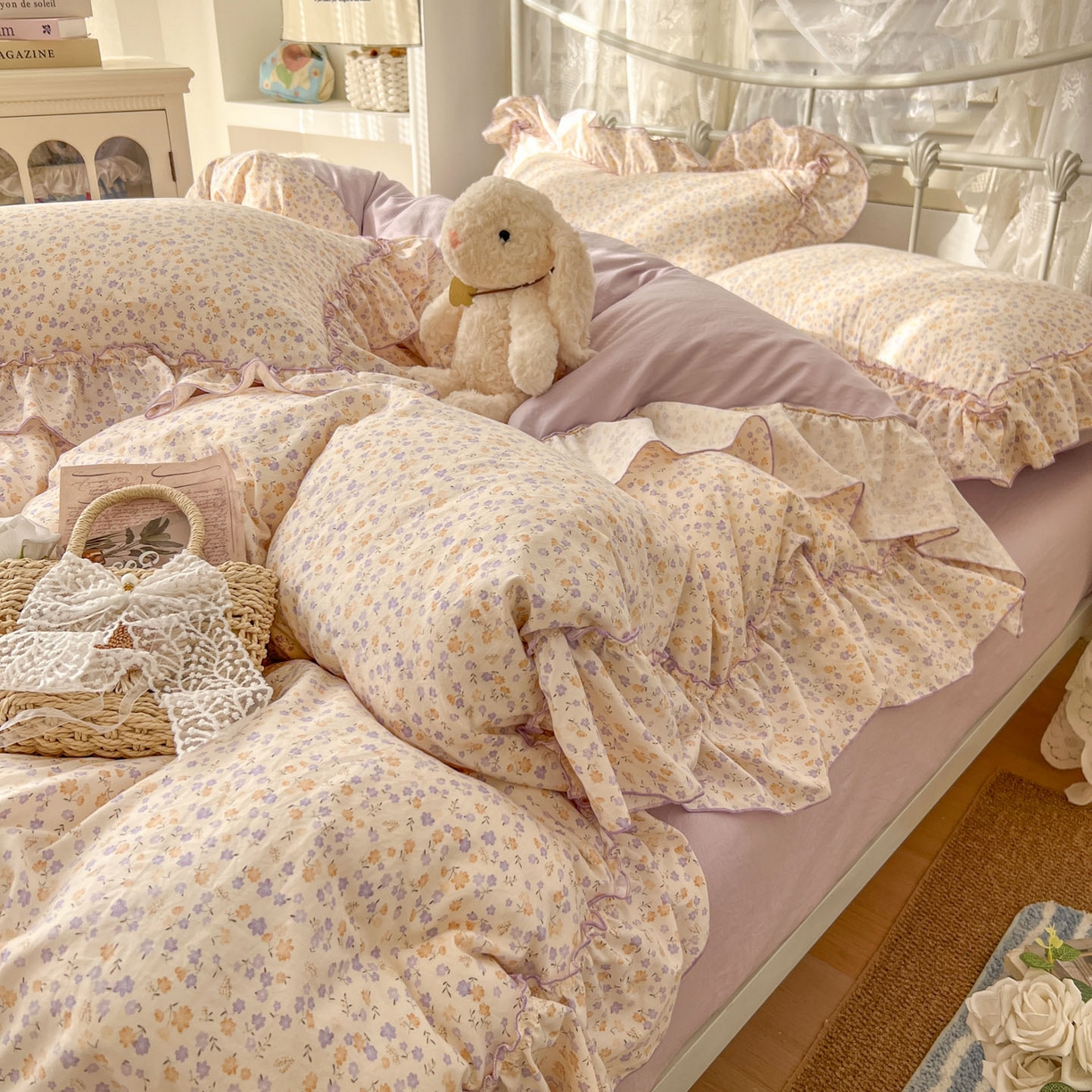 91家纺网 家纺一手货源 找家纺 梵克保罗 2026新款春款古法水洗仿棉云朵棉花边四件套 小碎花