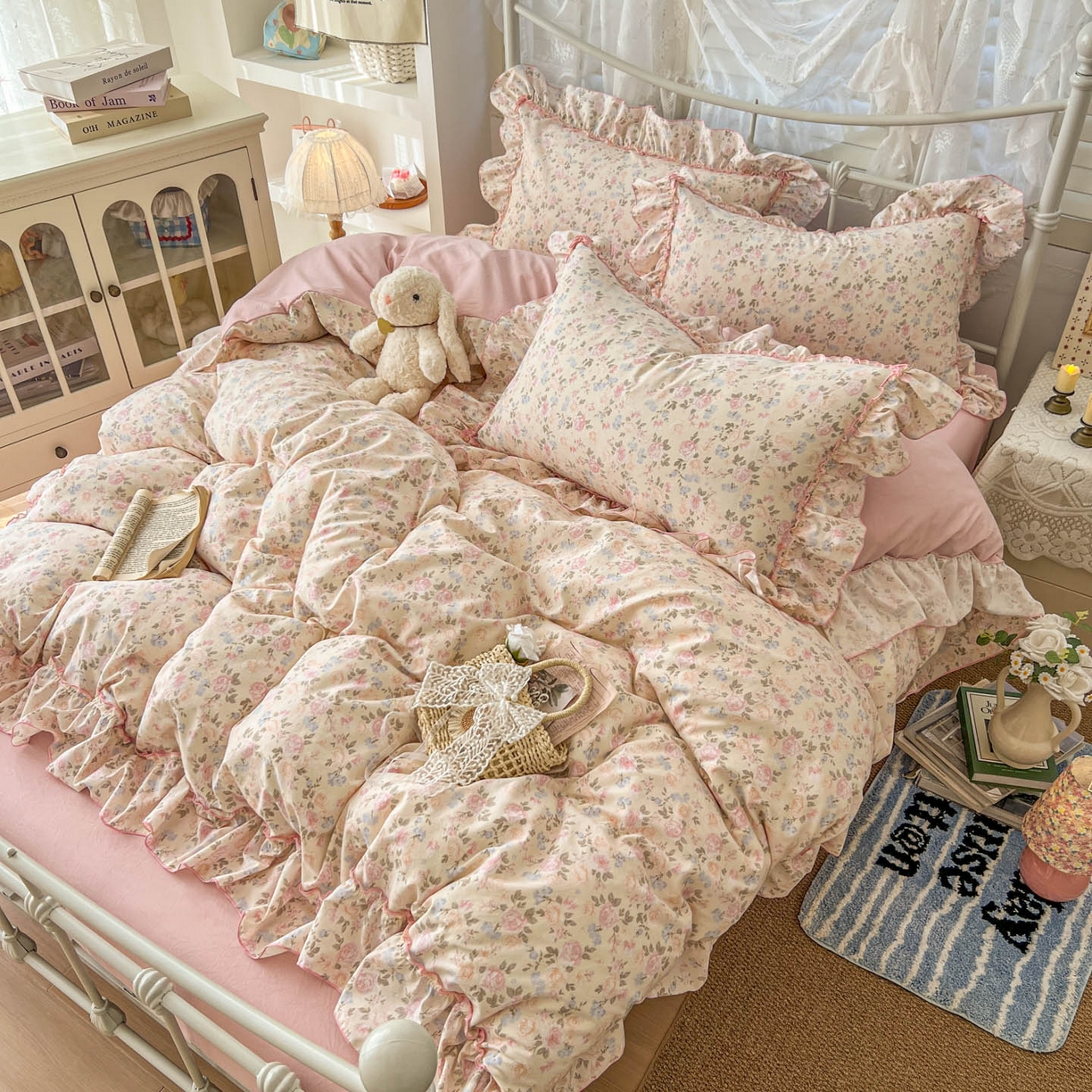 91家纺网 家纺一手货源 找家纺 梵克保罗 2026新款春款古法水洗仿棉云朵棉花边四件套 桃枝