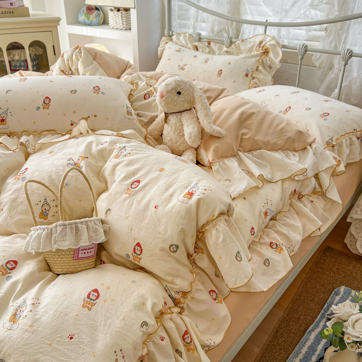 91家纺网 家纺一手货源 找家纺 梵克保罗 2026新款春款古法水洗仿棉云朵棉花边四件套 星星人