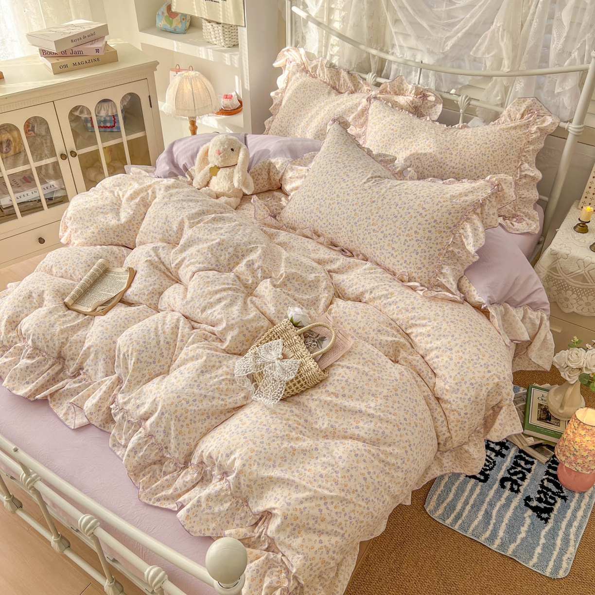 91家纺网 家纺一手货源 找家纺 梵克保罗 2026新款春款古法水洗仿棉云朵棉花边四件套 小碎花