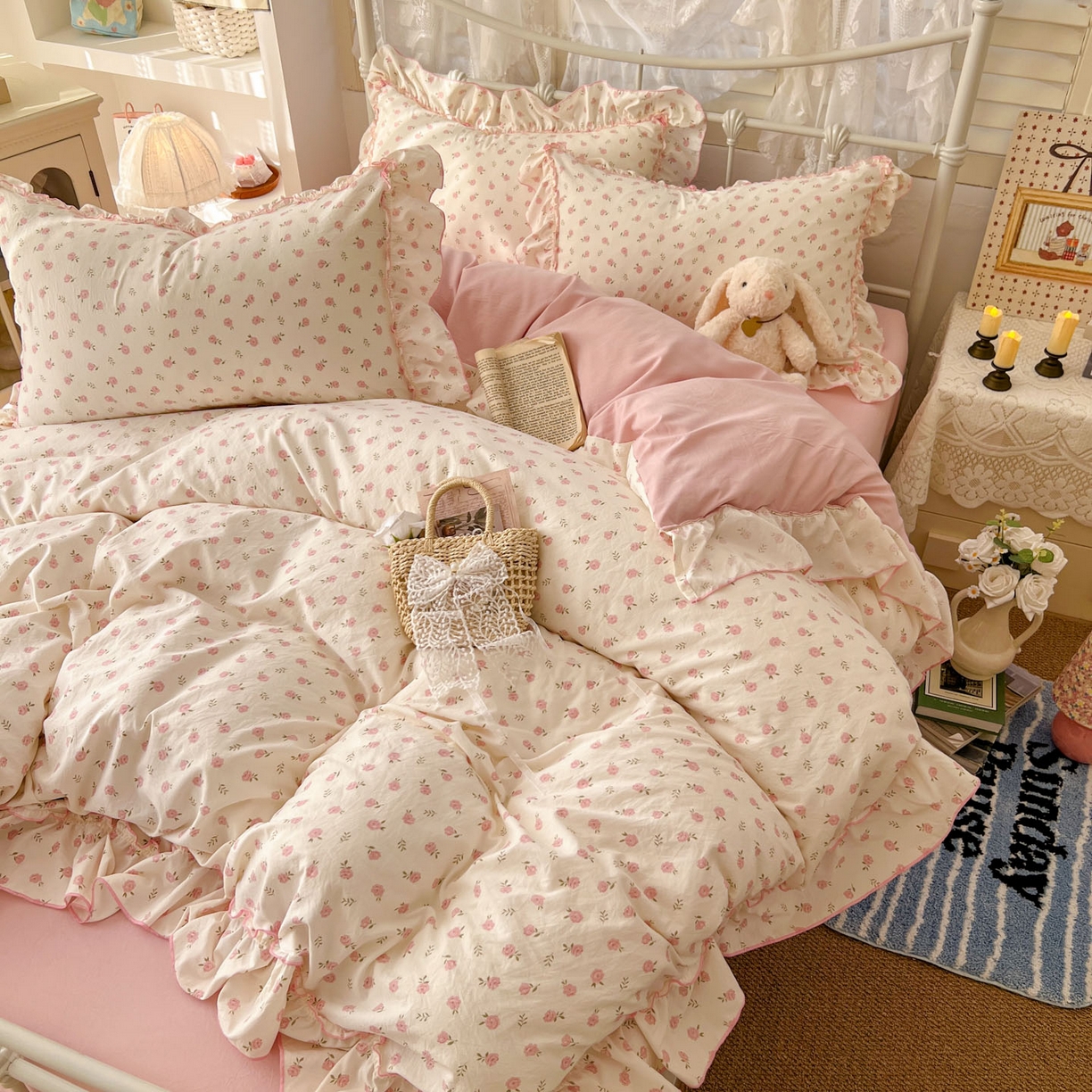 91家纺网 家纺一手货源 找家纺 梵克保罗 2026新款春款古法水洗仿棉云朵棉花边四件套 岛屿