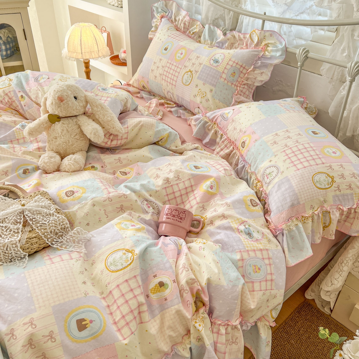 91家纺网 家纺一手货源 找家纺 梵克保罗 2026新款春款古法水洗仿棉云朵棉花边四件套 甜梦集