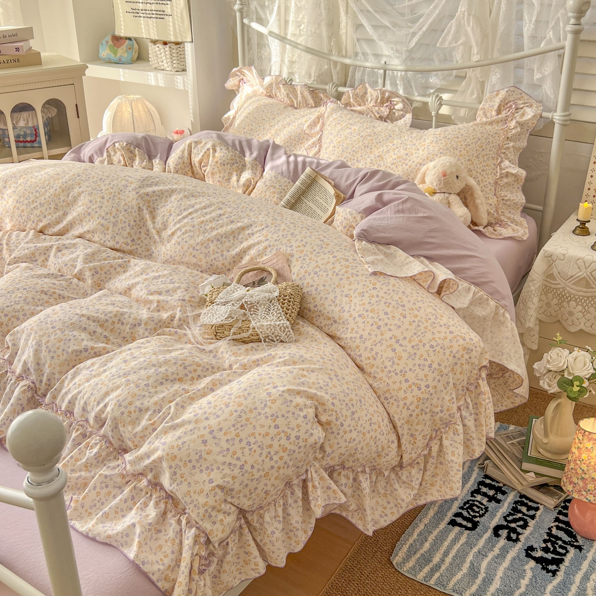 91家纺网 家纺一手货源 找家纺 梵克保罗 2026新款春款古法水洗仿棉云朵棉花边四件套 小碎花