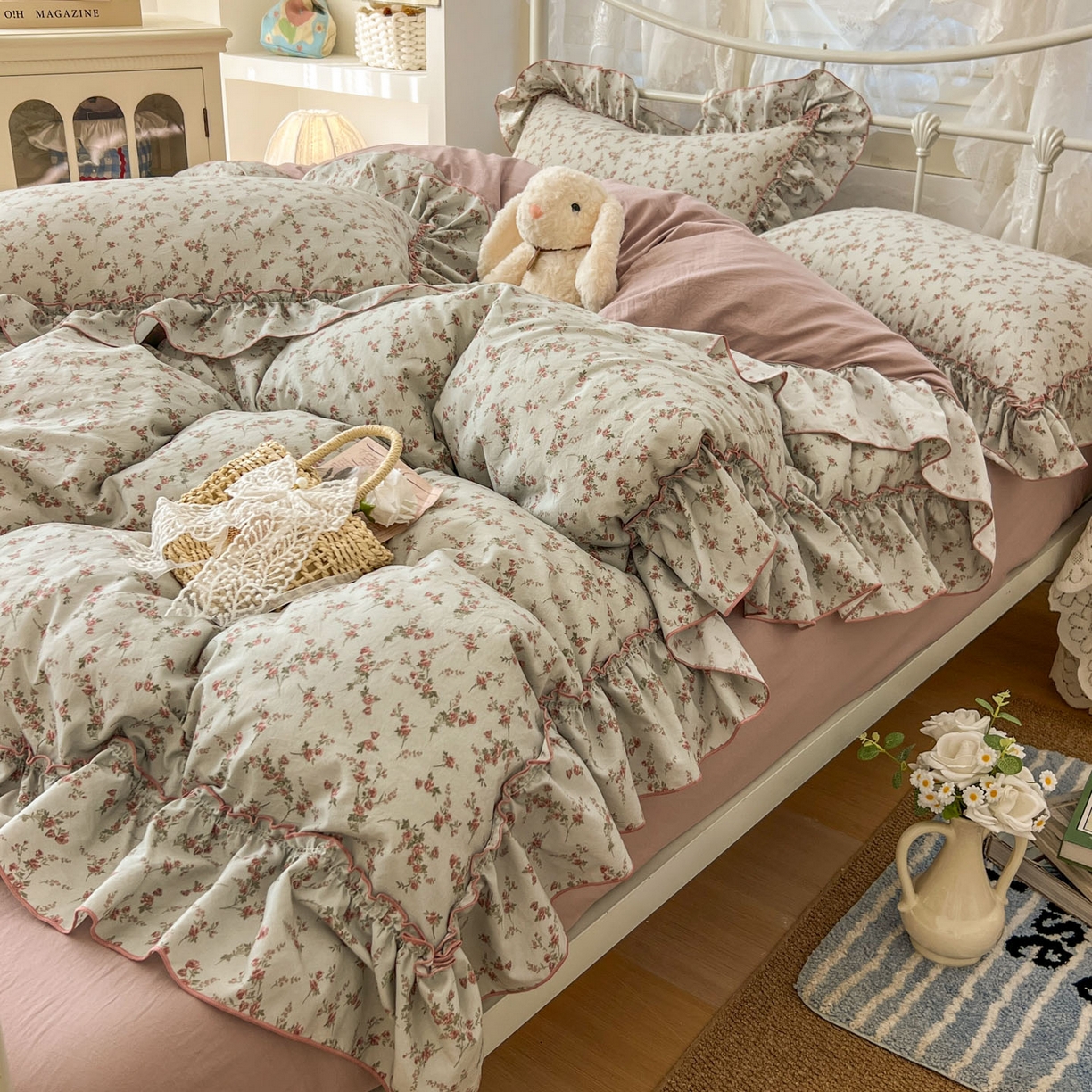 91家纺网 家纺一手货源 找家纺 梵克保罗 2026新款春款古法水洗仿棉云朵棉花边四件套 眠语