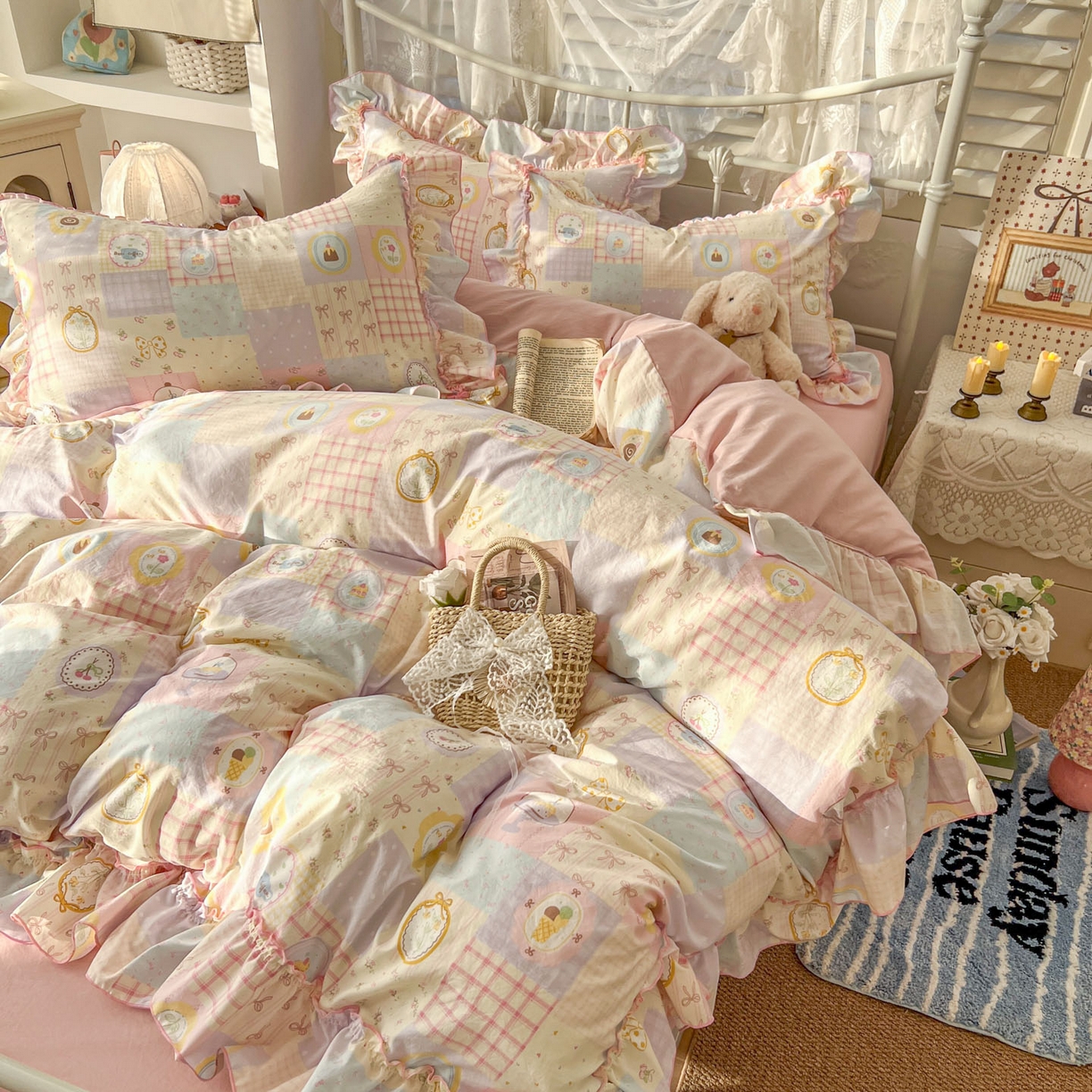 91家纺网 家纺一手货源 找家纺 梵克保罗 2026新款春款古法水洗仿棉云朵棉花边四件套 甜梦集