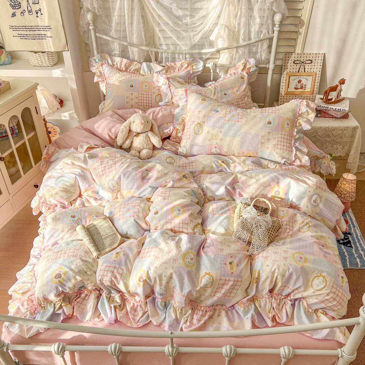 91家纺网 家纺一手货源 找家纺 梵克保罗 2026新款春款古法水洗仿棉云朵棉花边四件套 甜梦集