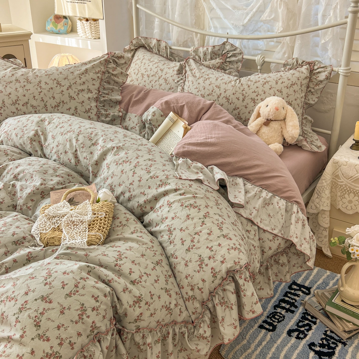 91家纺网 家纺一手货源 找家纺 梵克保罗 2026新款春款古法水洗仿棉云朵棉花边四件套 眠语