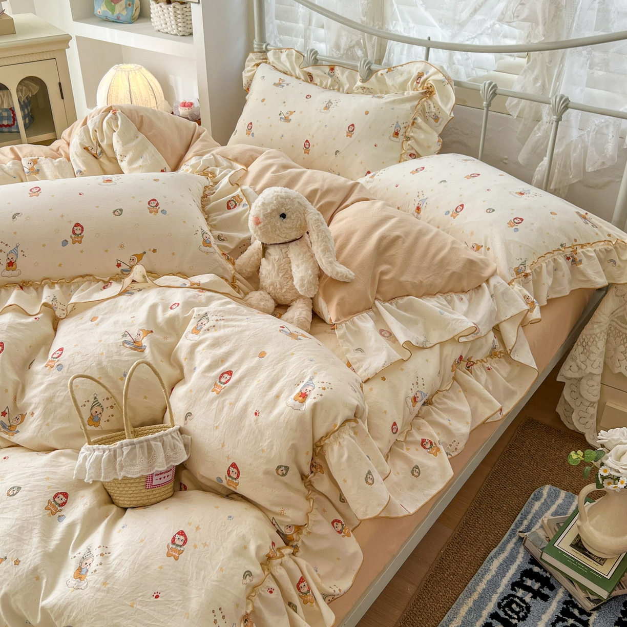 91家纺网 家纺一手货源 找家纺 梵克保罗 2026新款春款古法水洗仿棉云朵棉花边四件套 星星人