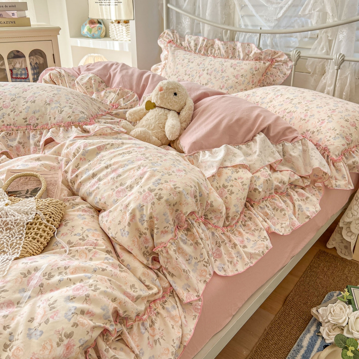 91家纺网 家纺一手货源 找家纺 梵克保罗 2026新款春款古法水洗仿棉云朵棉花边四件套 桃枝