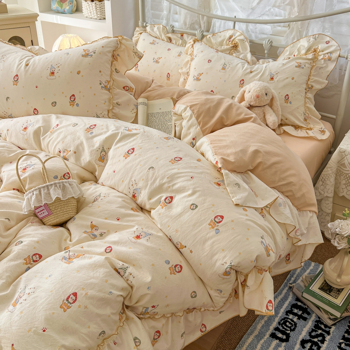 91家纺网 家纺一手货源 找家纺 梵克保罗 2026新款春款古法水洗仿棉云朵棉花边四件套 星星人