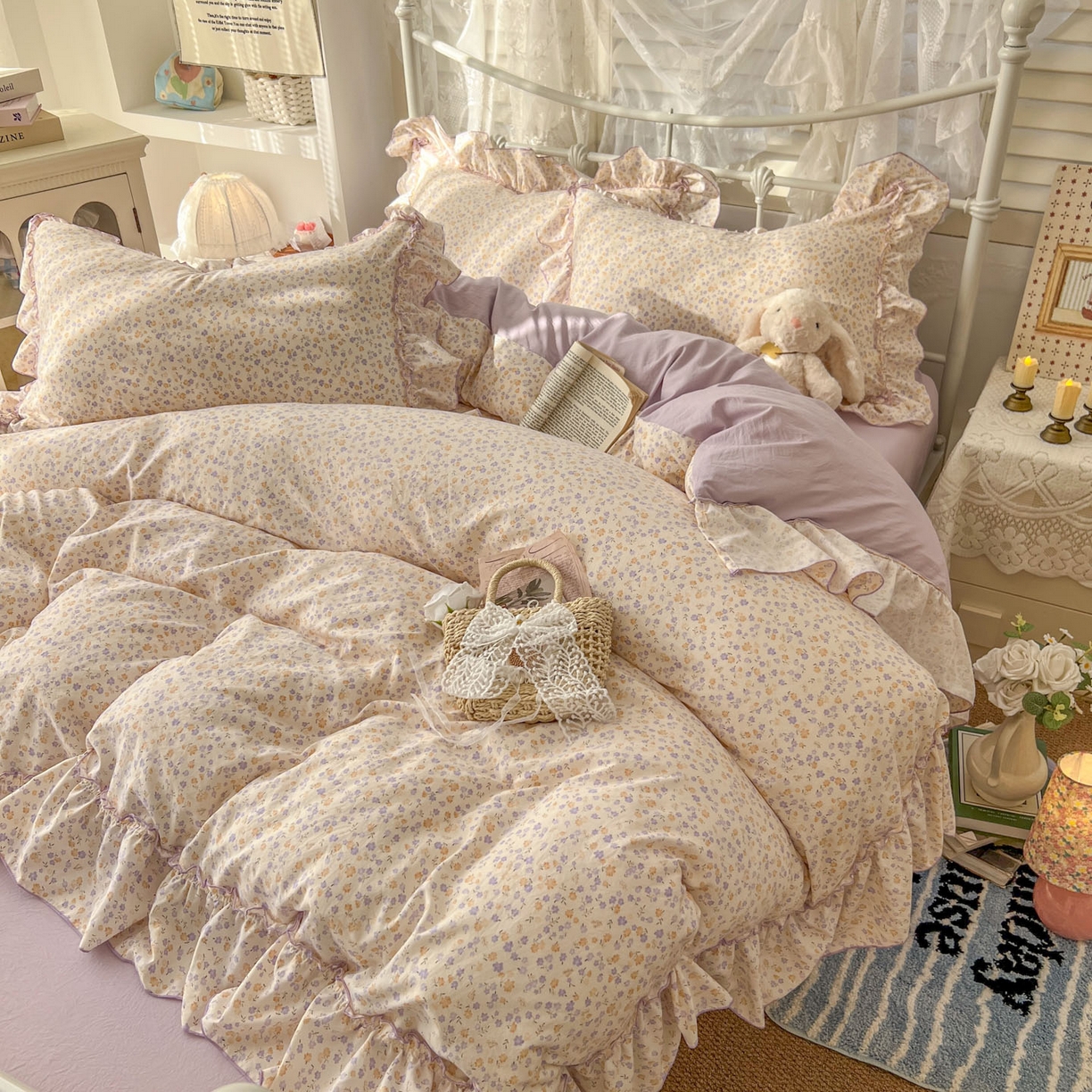 91家纺网 家纺一手货源 找家纺 梵克保罗 2026新款春款古法水洗仿棉云朵棉花边四件套 小碎花