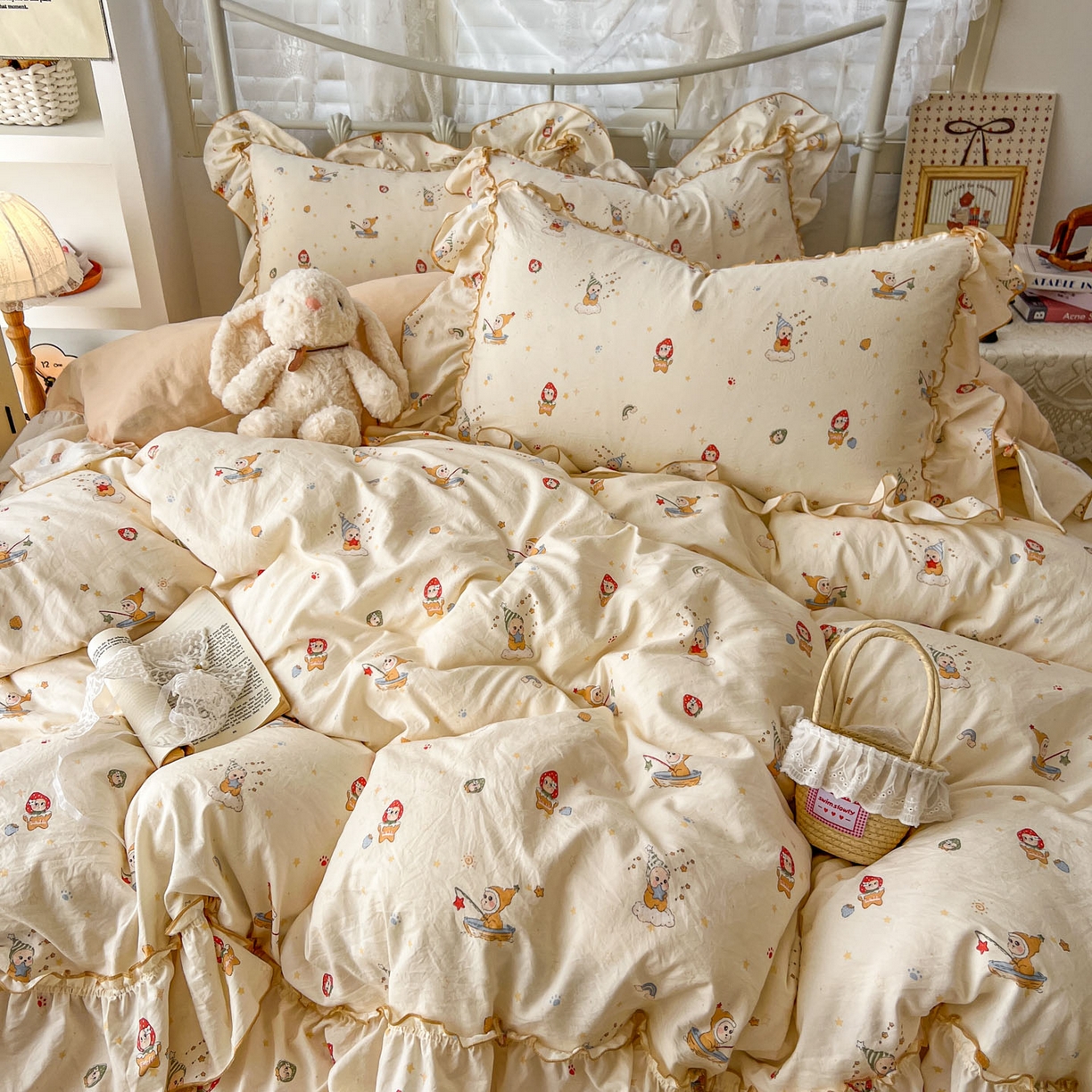 91家纺网 家纺一手货源 找家纺 梵克保罗 2026新款春款古法水洗仿棉云朵棉花边四件套 星星人