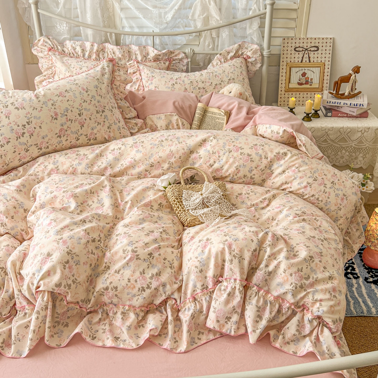 91家纺网 家纺一手货源 找家纺 梵克保罗 2026新款春款古法水洗仿棉云朵棉花边四件套 桃枝