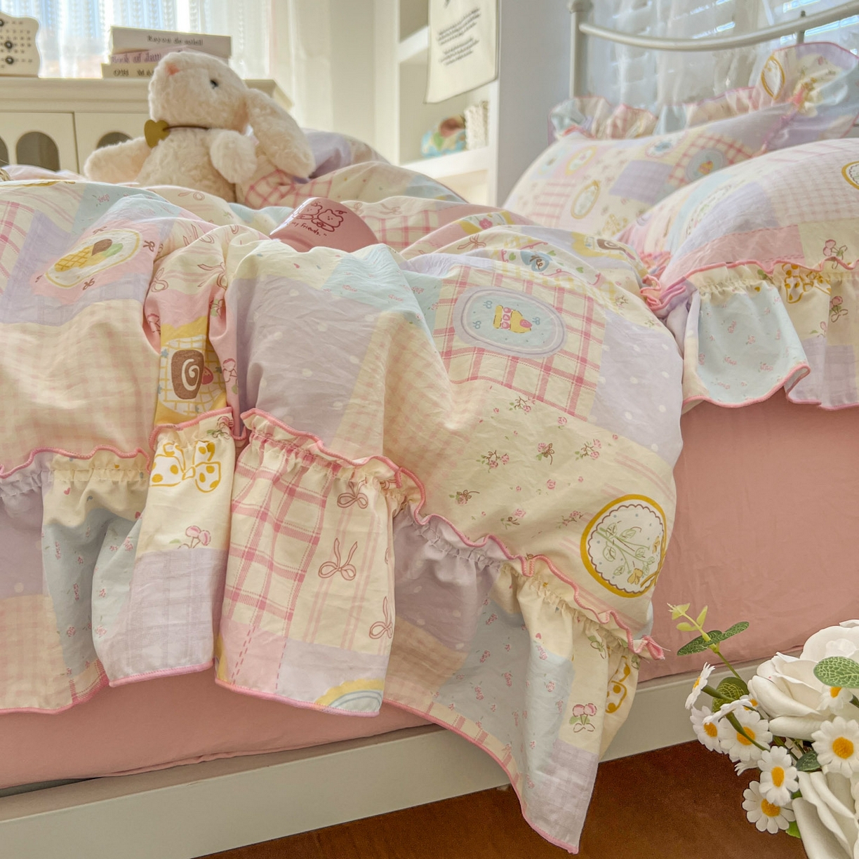 91家纺网 家纺一手货源 找家纺 梵克保罗 2026新款春款古法水洗仿棉云朵棉花边四件套 甜梦集