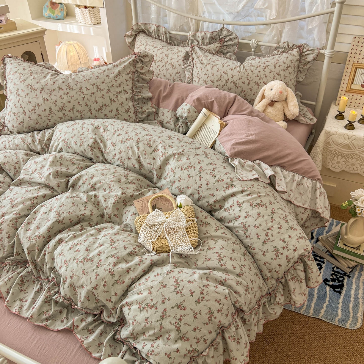 91家纺网 家纺一手货源 找家纺 梵克保罗 2026新款春款古法水洗仿棉云朵棉花边四件套 眠语