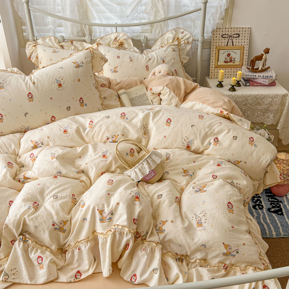 91家纺网 家纺一手货源 找家纺 梵克保罗 2026新款春款古法水洗仿棉云朵棉花边四件套 星星人