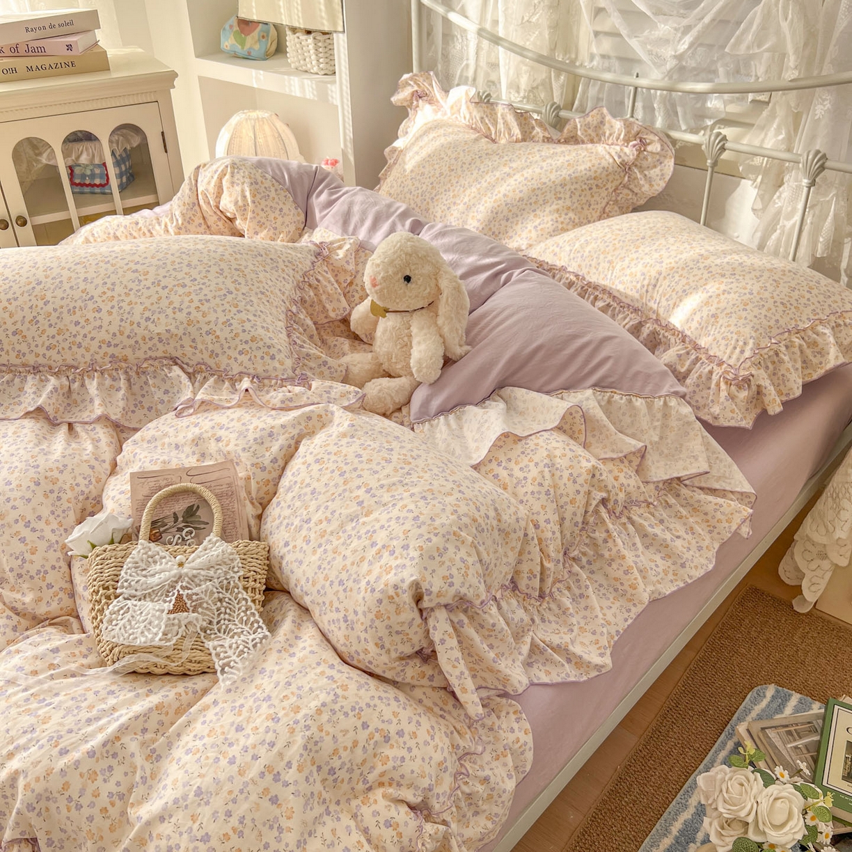 91家纺网 家纺一手货源 找家纺 梵克保罗 2026新款春款古法水洗仿棉云朵棉花边四件套 小碎花