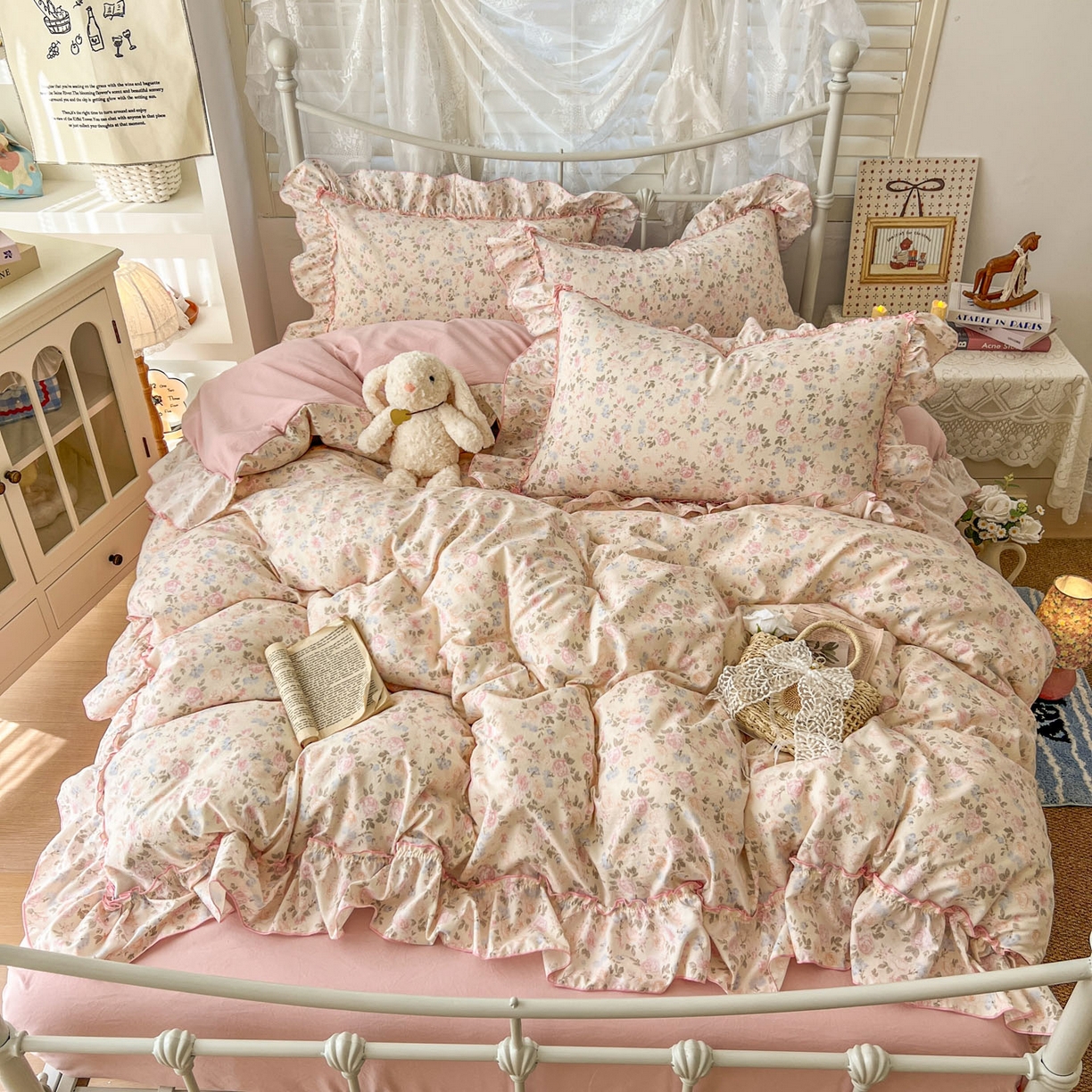 91家纺网 家纺一手货源 找家纺 梵克保罗 2026新款春款古法水洗仿棉云朵棉花边四件套 桃枝