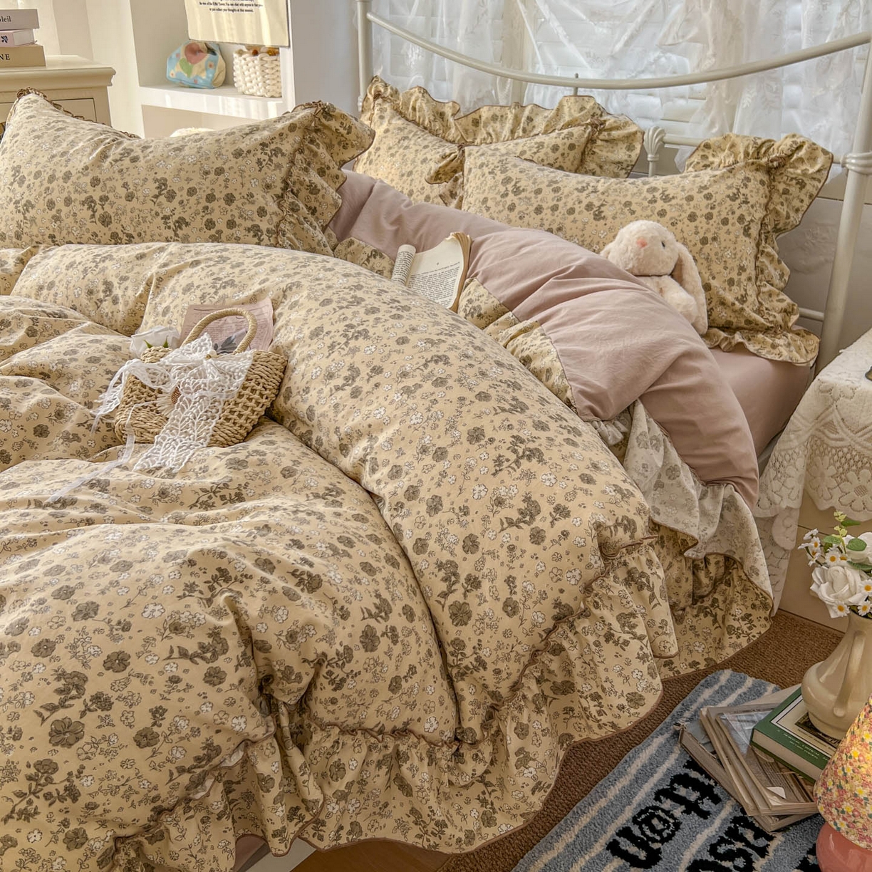 91家纺网 家纺一手货源 找家纺 梵克保罗 2026新款春款古法水洗仿棉云朵棉花边四件套 田园