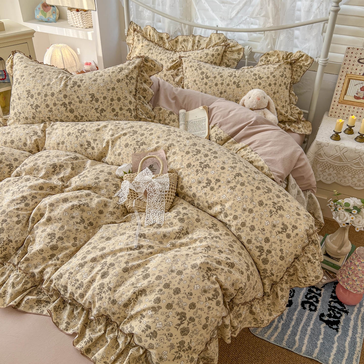 91家纺网 家纺一手货源 找家纺 梵克保罗 2026新款春款古法水洗仿棉云朵棉花边四件套 田园