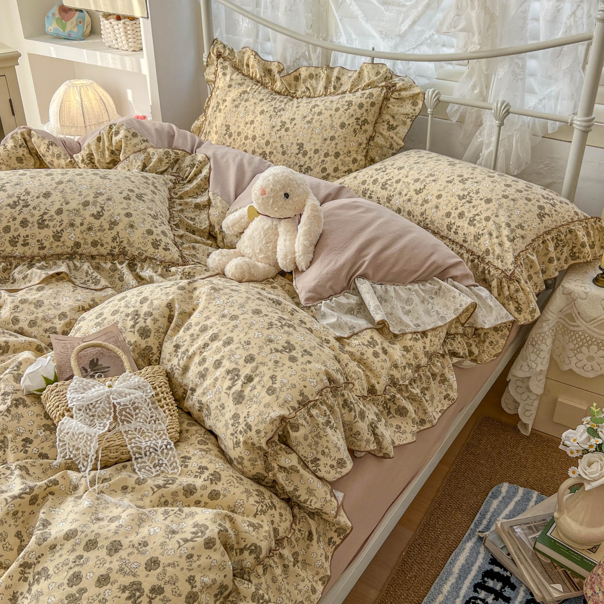 91家纺网 家纺一手货源 找家纺 梵克保罗 2026新款春款古法水洗仿棉云朵棉花边四件套 田园