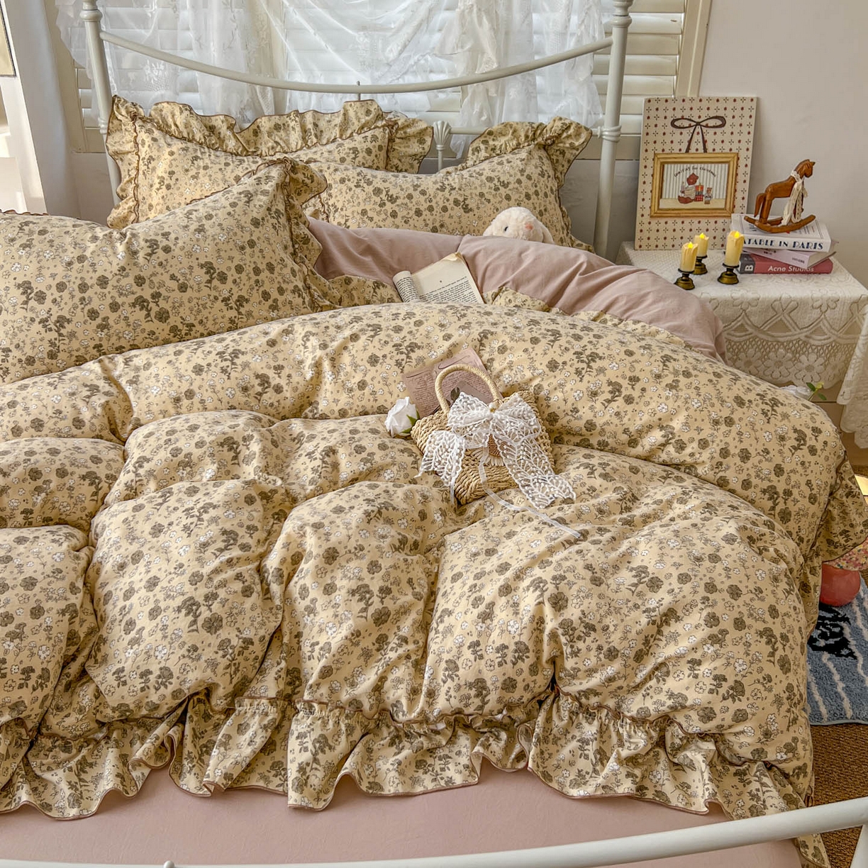 91家纺网 家纺一手货源 找家纺 梵克保罗 2026新款春款古法水洗仿棉云朵棉花边四件套 田园