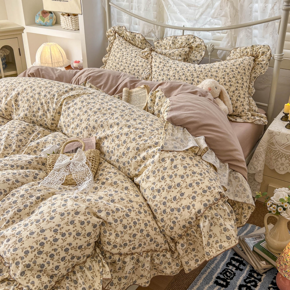 91家纺网 家纺一手货源 找家纺 梵克保罗 2026新款春款古法水洗仿棉云朵棉花边四件套 花影