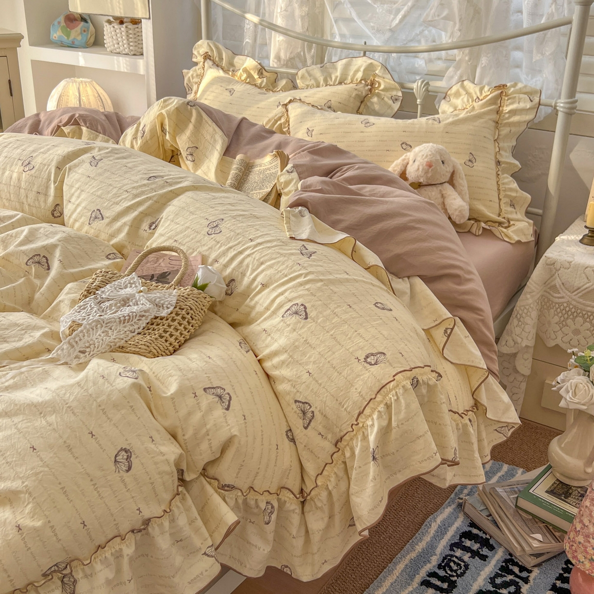 91家纺网 家纺一手货源 找家纺 梵克保罗 2026新款春款古法水洗仿棉云朵棉花边四件套 蝴蝶