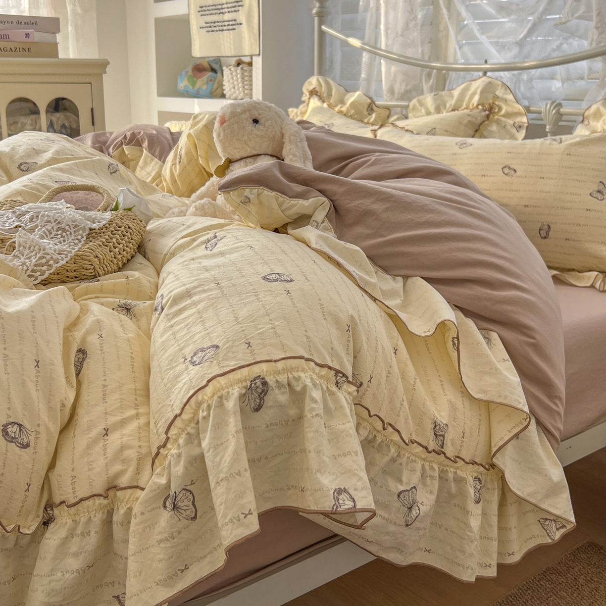 91家纺网 家纺一手货源 找家纺 梵克保罗 2026新款春款古法水洗仿棉云朵棉花边四件套 蝴蝶