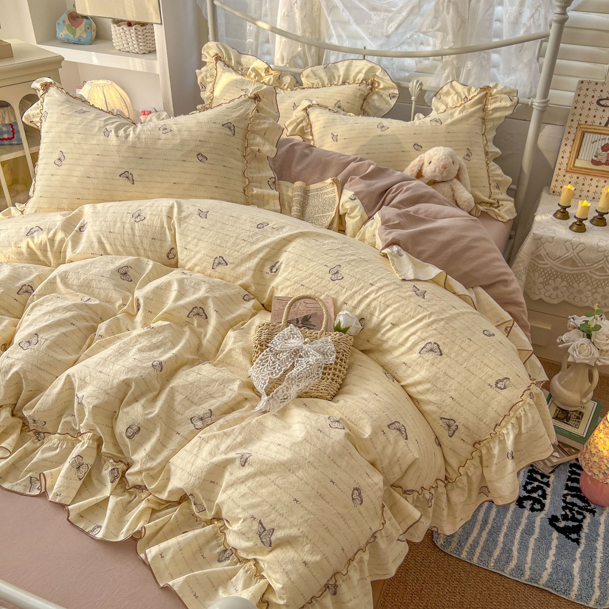 91家纺网 家纺一手货源 找家纺 梵克保罗 2026新款春款古法水洗仿棉云朵棉花边四件套 蝴蝶