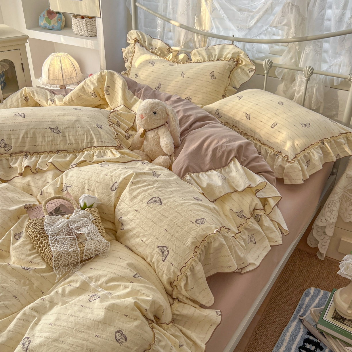 91家纺网 家纺一手货源 找家纺 梵克保罗 2026新款春款古法水洗仿棉云朵棉花边四件套 蝴蝶