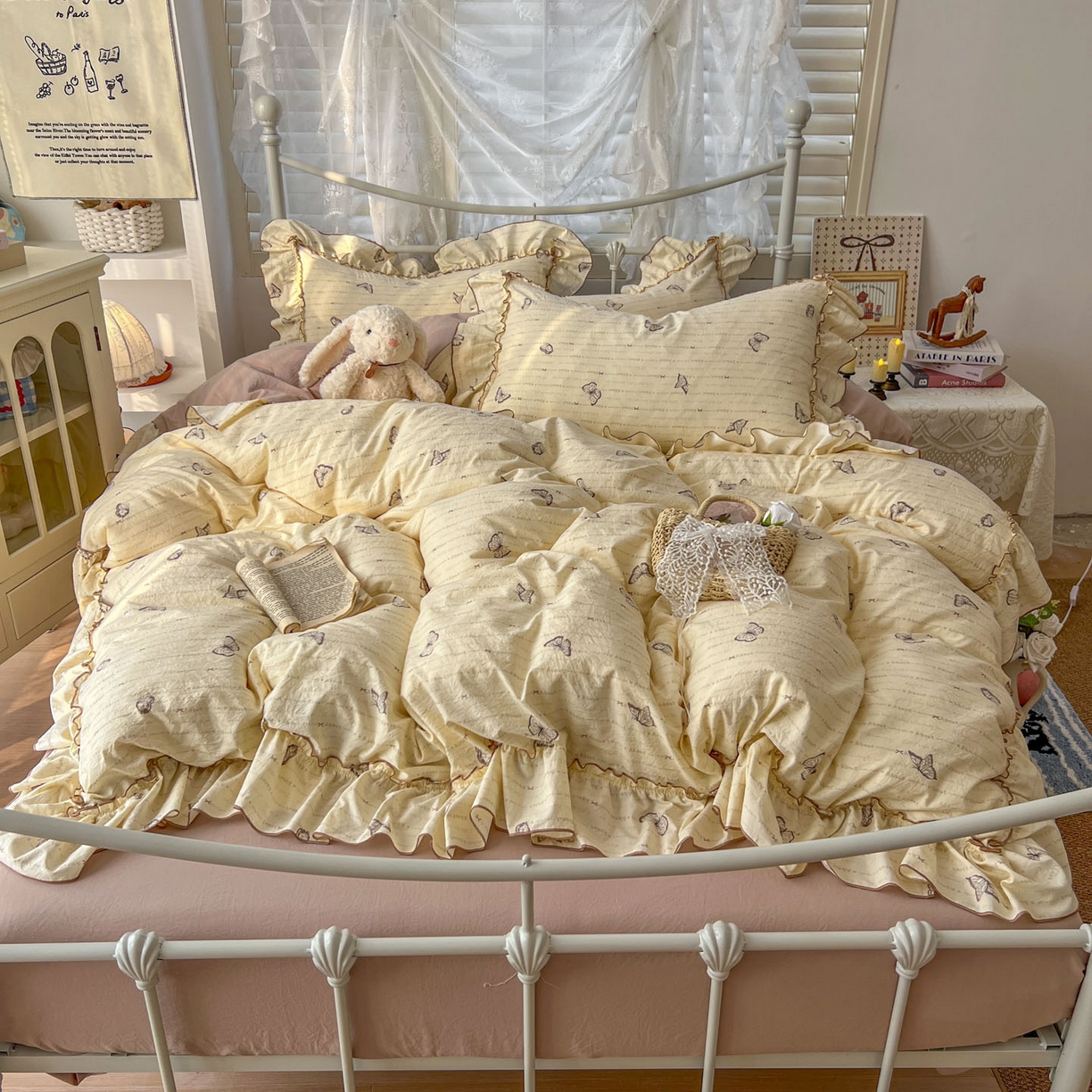 梵克保罗 2026新款春款古法水洗仿棉云朵棉花边四件套 蝴蝶