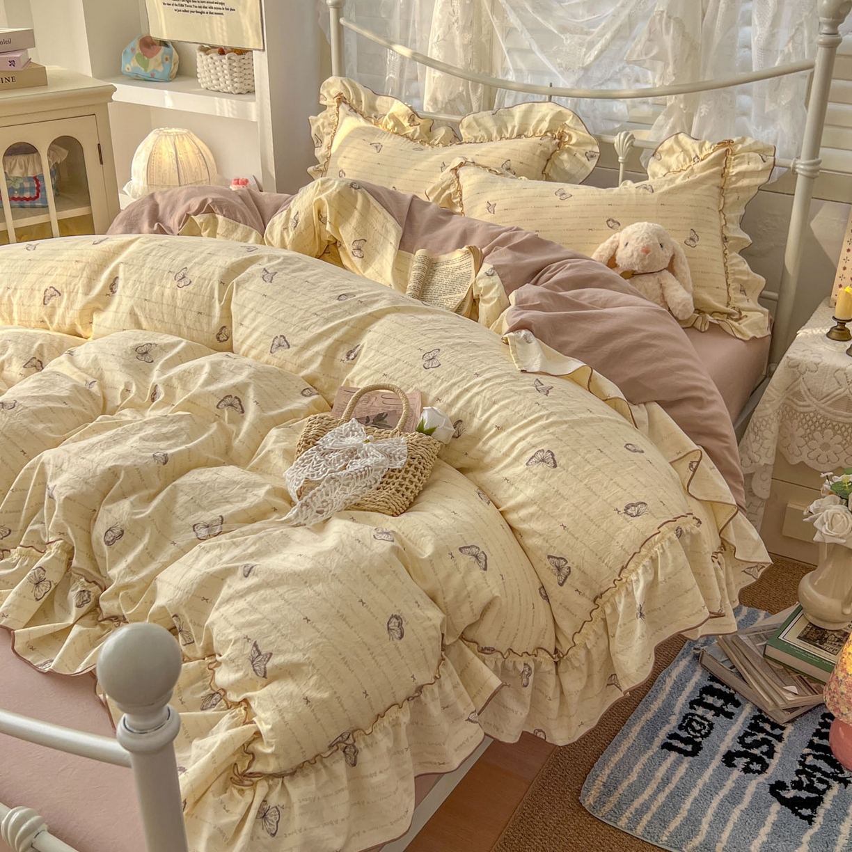 91家纺网 家纺一手货源 找家纺 梵克保罗 2026新款春款古法水洗仿棉云朵棉花边四件套 蝴蝶