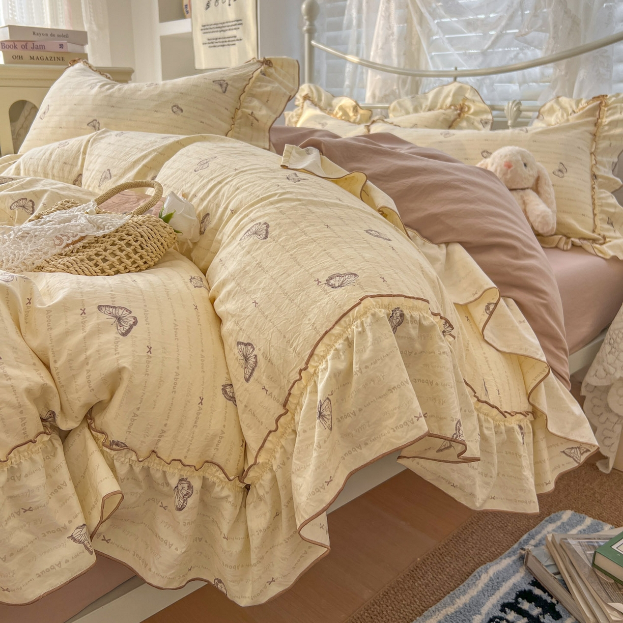 91家纺网 家纺一手货源 找家纺 梵克保罗 2026新款春款古法水洗仿棉云朵棉花边四件套 蝴蝶