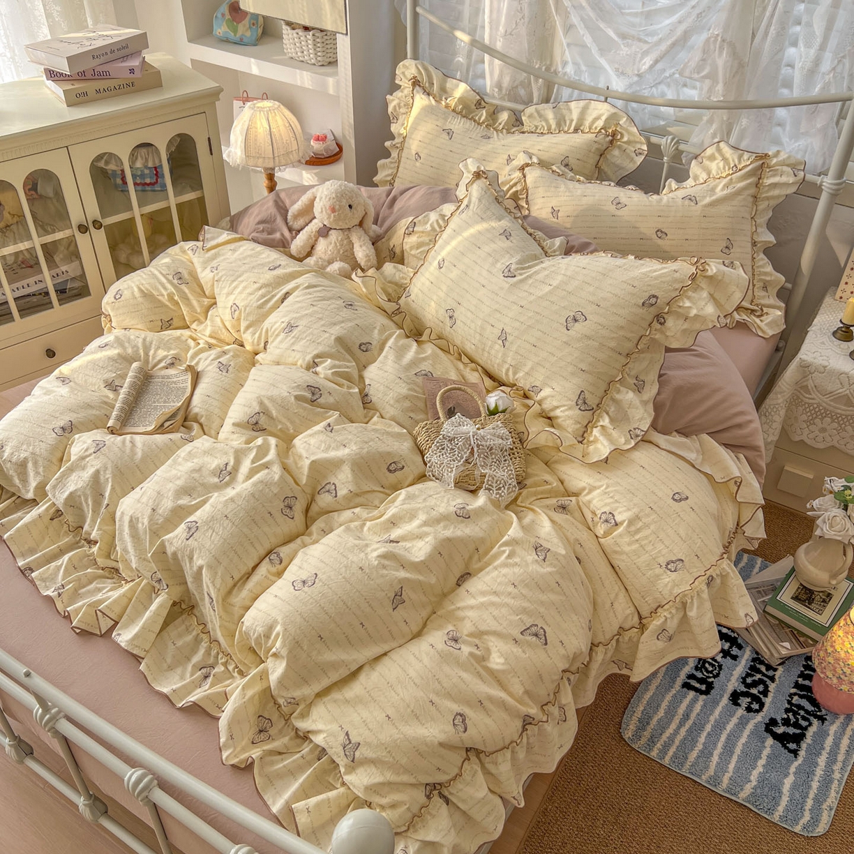 91家纺网 家纺一手货源 找家纺 梵克保罗 2026新款春款古法水洗仿棉云朵棉花边四件套 蝴蝶