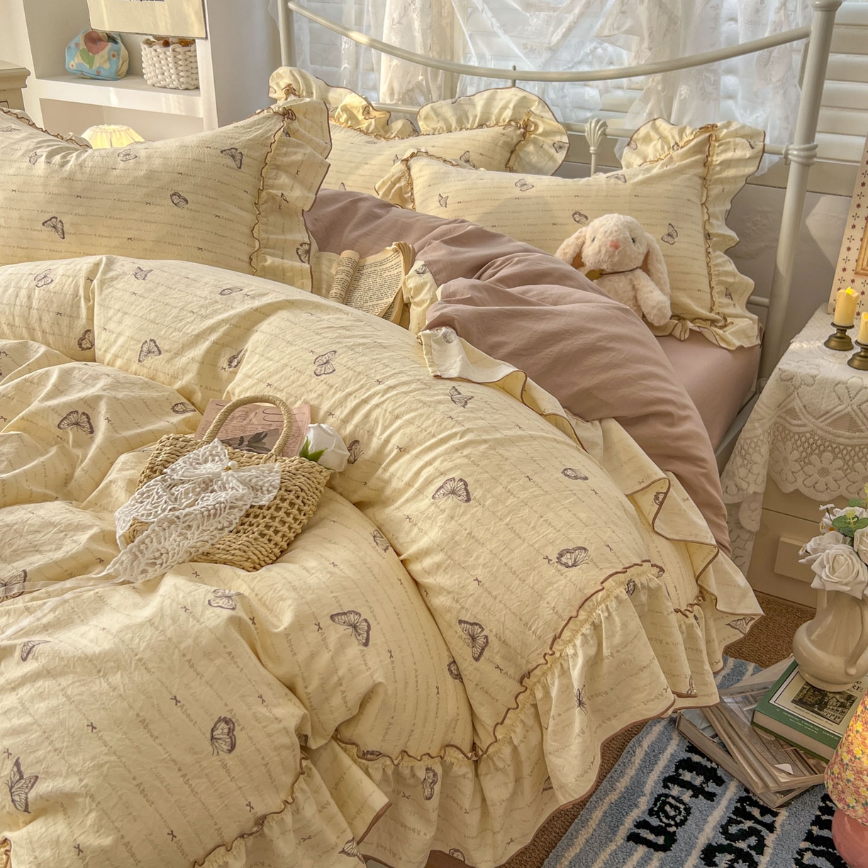 91家纺网 家纺一手货源 找家纺 梵克保罗 2026新款春款古法水洗仿棉云朵棉花边四件套 蝴蝶