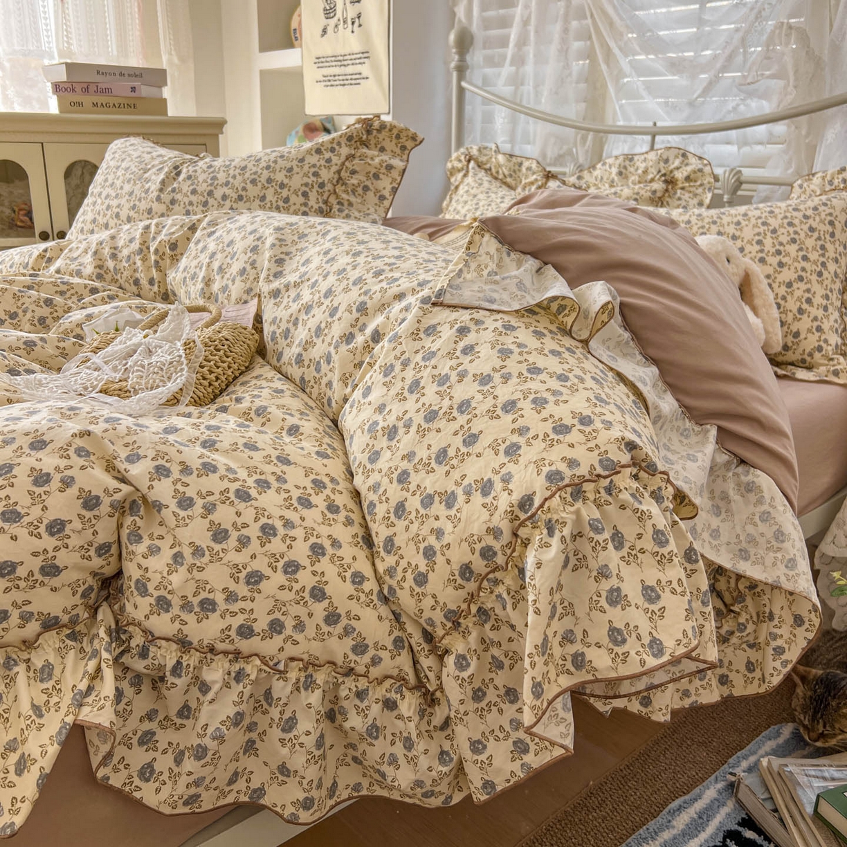 91家纺网 家纺一手货源 找家纺 梵克保罗 2026新款春款古法水洗仿棉云朵棉花边四件套 花影