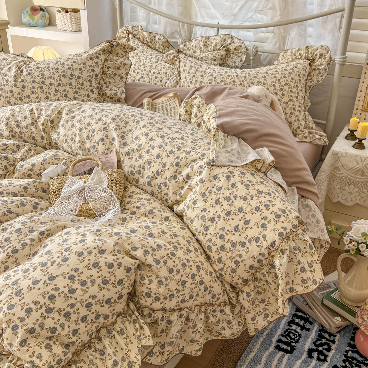 91家纺网 家纺一手货源 找家纺 梵克保罗 2026新款春款古法水洗仿棉云朵棉花边四件套 花影