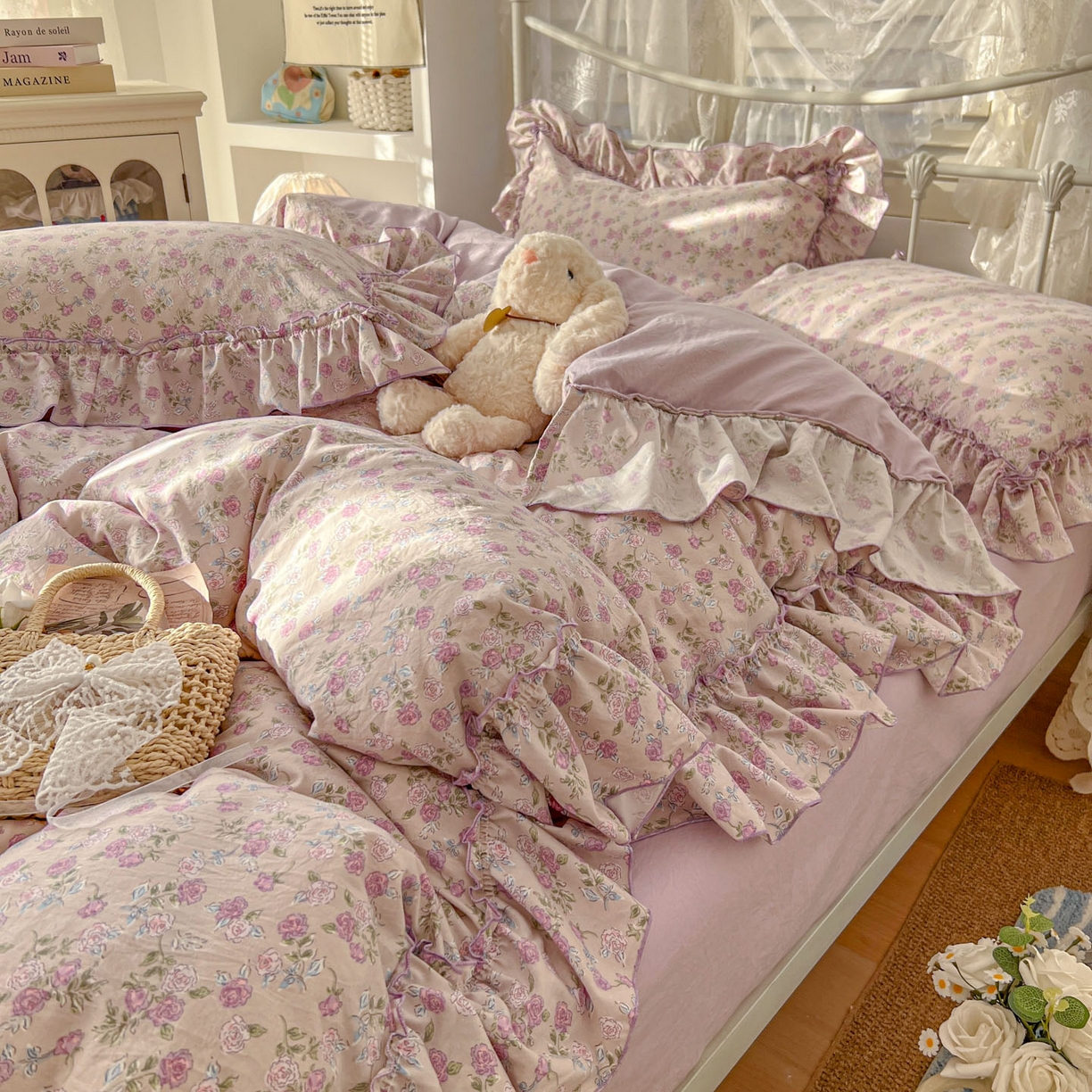 91家纺网 家纺一手货源 找家纺 梵克保罗 2026新款春款古法水洗仿棉云朵棉花边四件套 蔷薇园